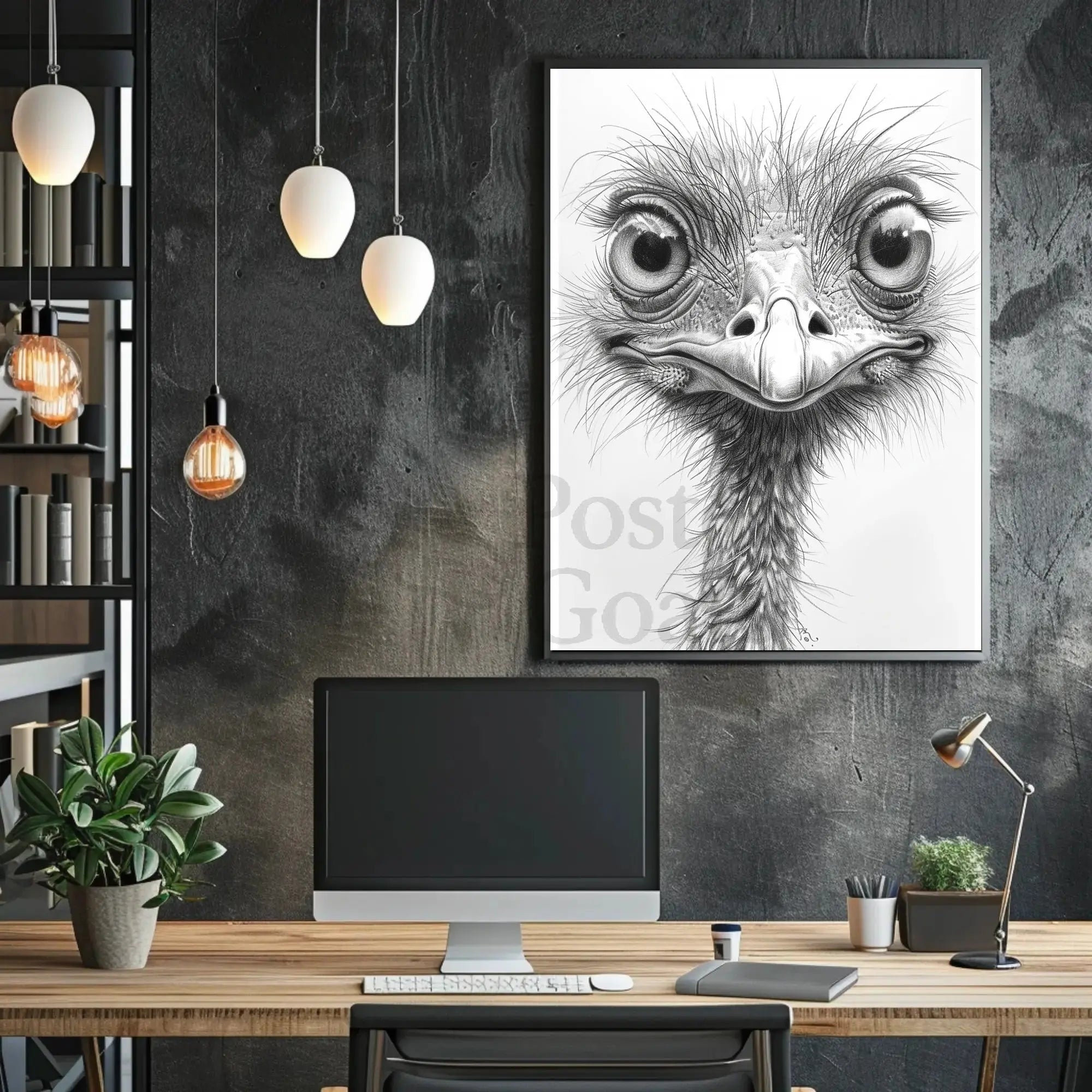 Realistic Whimsical Ostrich Illustration: Detailed Animal Poster PosterGoat