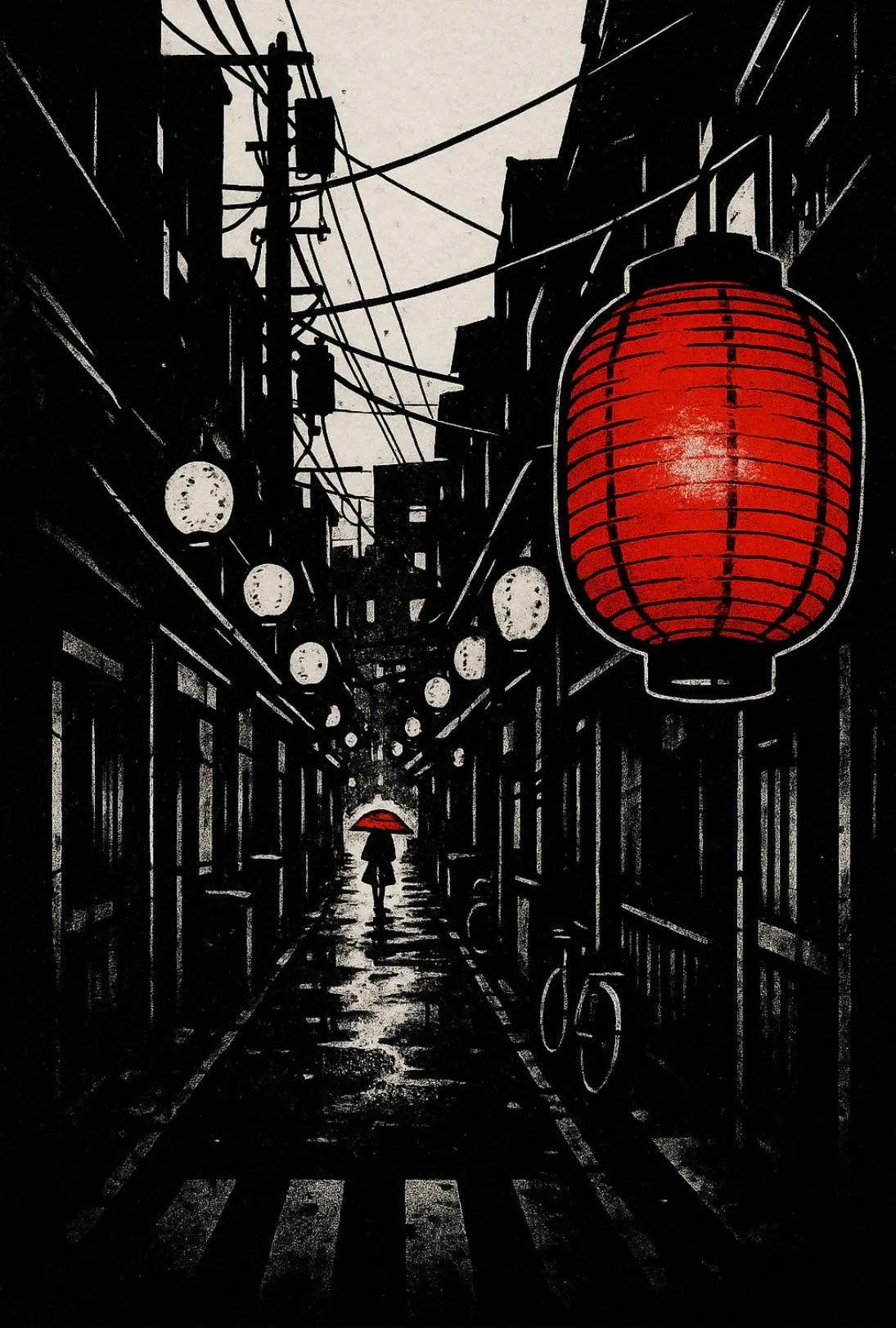 Red Lantern Hanging Over Narrow Alley Travel Poster Decor PosterGoat