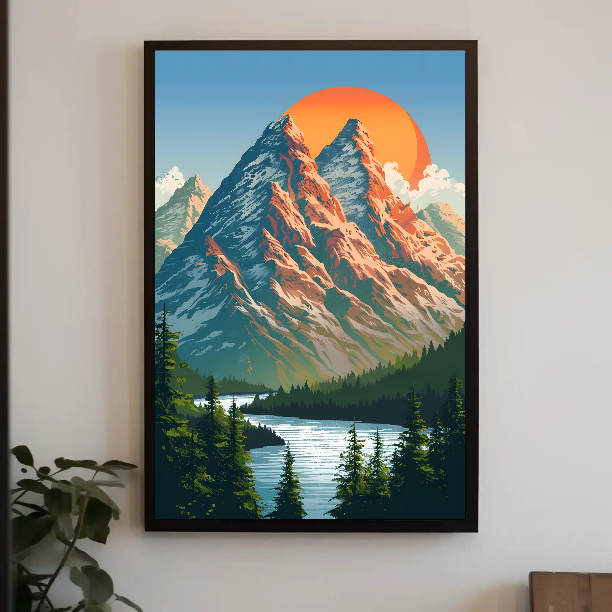 Red-Sailed Sailboat under Luminous Moon: Surreal Artistic Poster PosterGoat