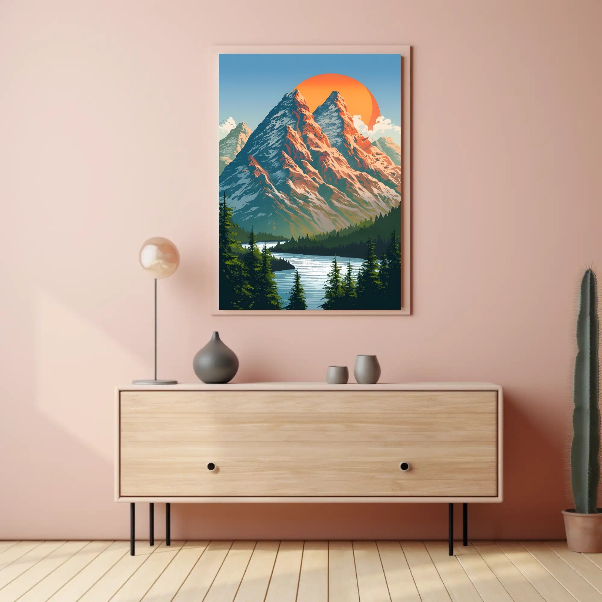 Red-Sailed Sailboat under Luminous Moon: Surreal Artistic Poster PosterGoat
