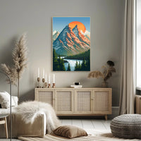 Red-Sailed Sailboat under Luminous Moon: Surreal Artistic Poster PosterGoat
