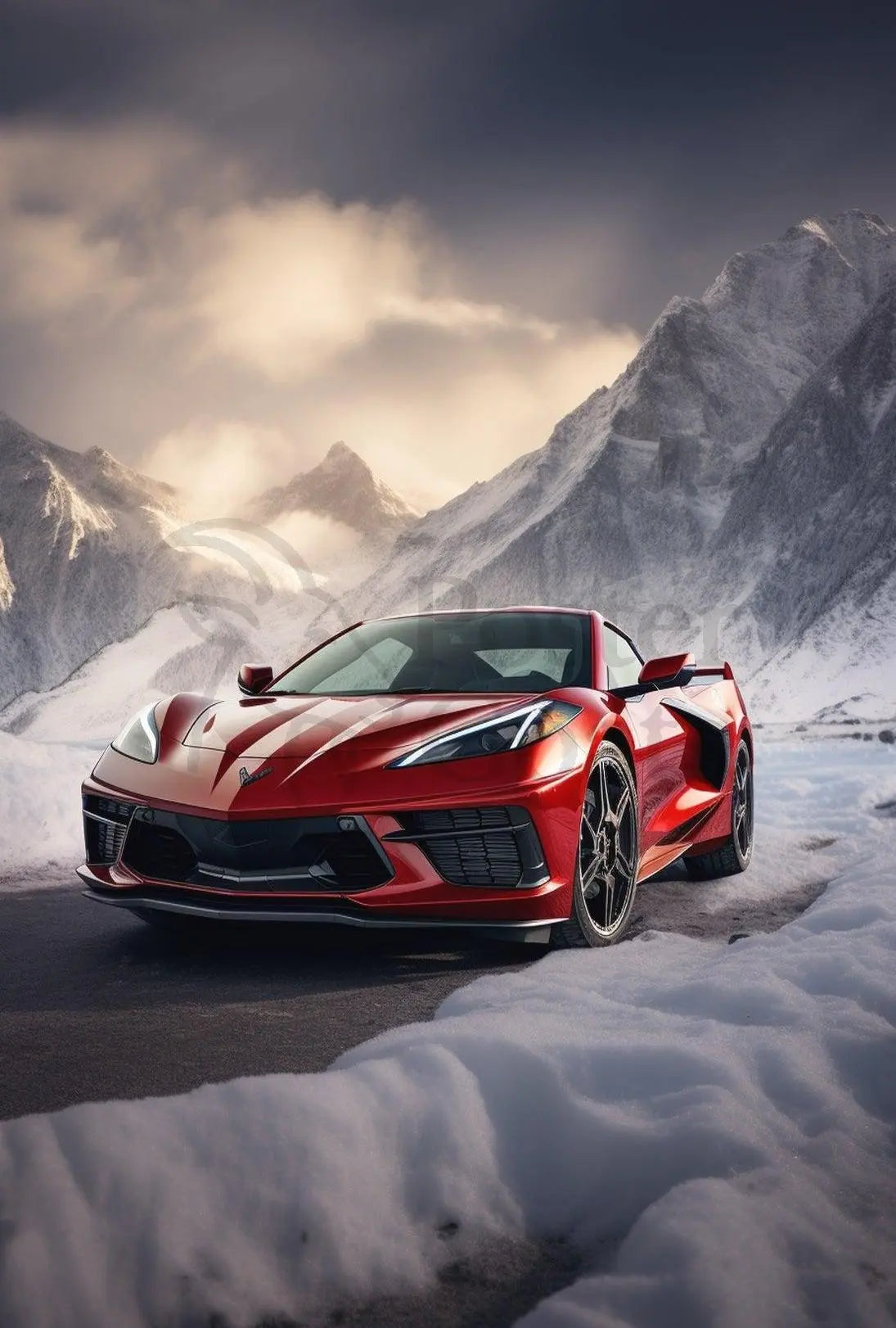 Red Sports Car Alpine Adventure Poster PosterGoat