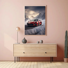 Red Sports Car Alpine Adventure Poster PosterGoat