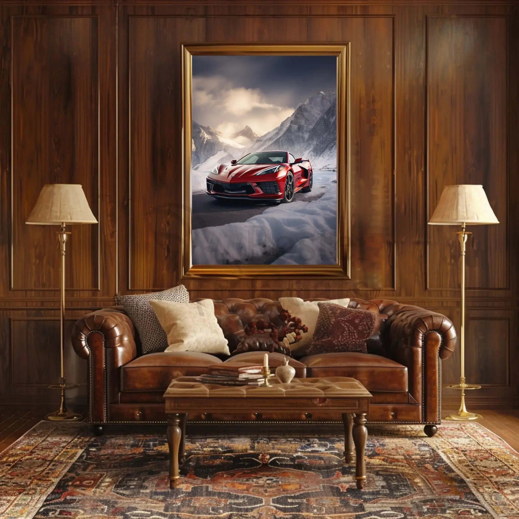 Red Sports Car Alpine Adventure Poster PosterGoat