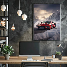 Red Sports Car Alpine Adventure Poster PosterGoat