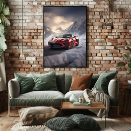Red Sports Car Alpine Adventure Poster PosterGoat