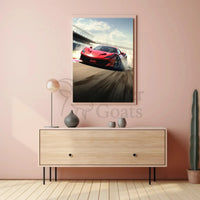 Red Sports Car Speeding on Track Sports Poster PosterGoat