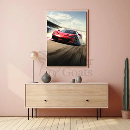Red Sports Car Speeding on Track Sports Poster PosterGoat