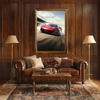 Red Sports Car Speeding on Track Sports Poster PosterGoat