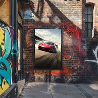 Red Sports Car Speeding on Track Sports Poster PosterGoat