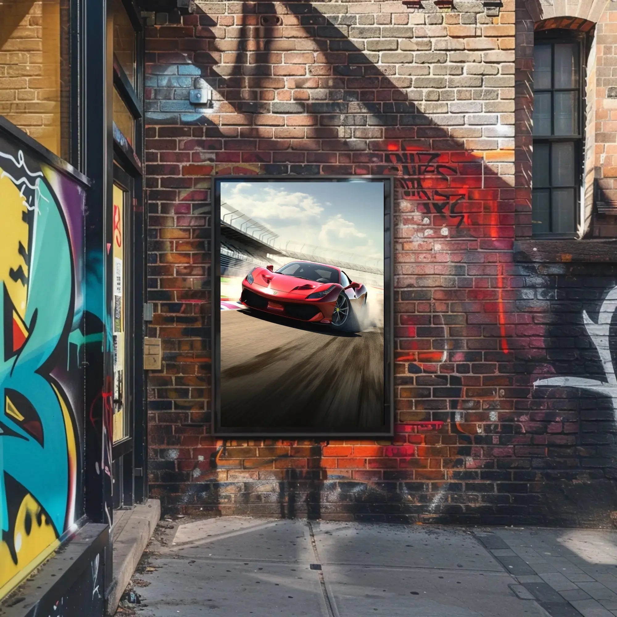 Red Sports Car Speeding on Track Sports Poster PosterGoat