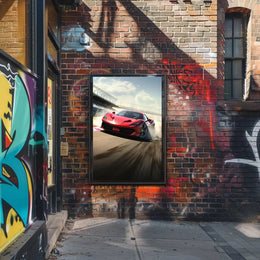Red Sports Car Speeding on Track Sports Poster PosterGoat