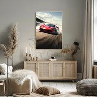 Red Sports Car Speeding on Track Sports Poster PosterGoat