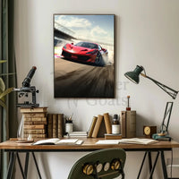 Red Sports Car Speeding on Track Sports Poster PosterGoat