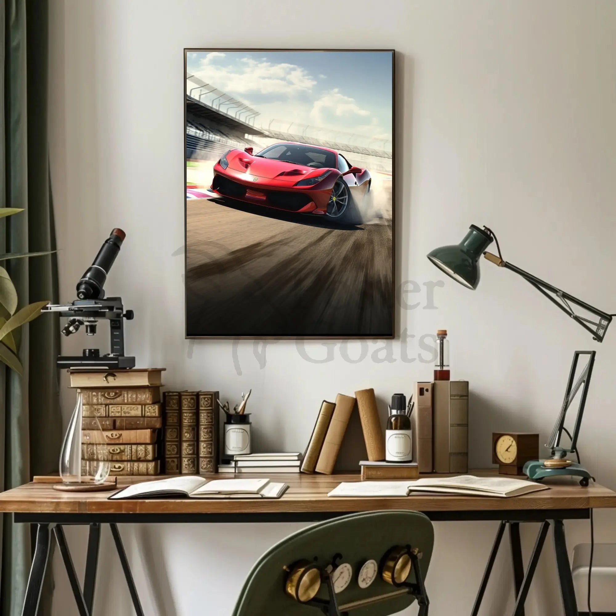 Red Sports Car Speeding on Track Sports Poster PosterGoat