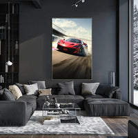 Red Sports Car Speeding on Track Sports Poster PosterGoat