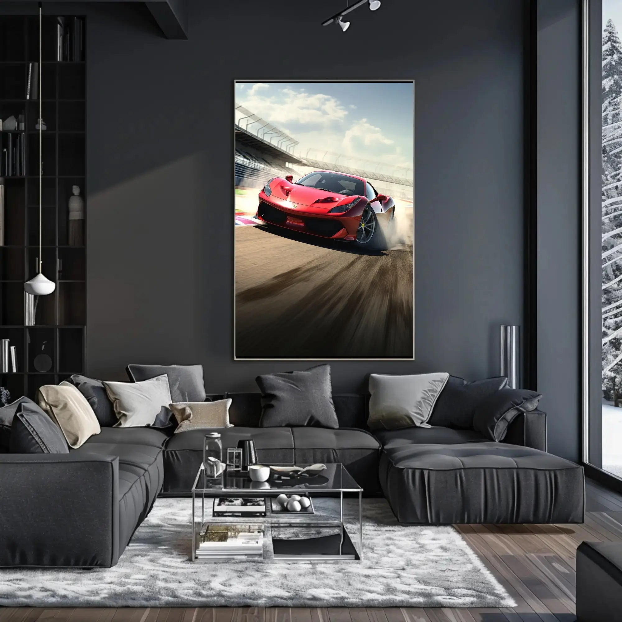 Red Sports Car Speeding on Track Sports Poster PosterGoat