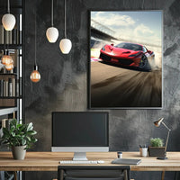 Red Sports Car Speeding on Track Sports Poster PosterGoat