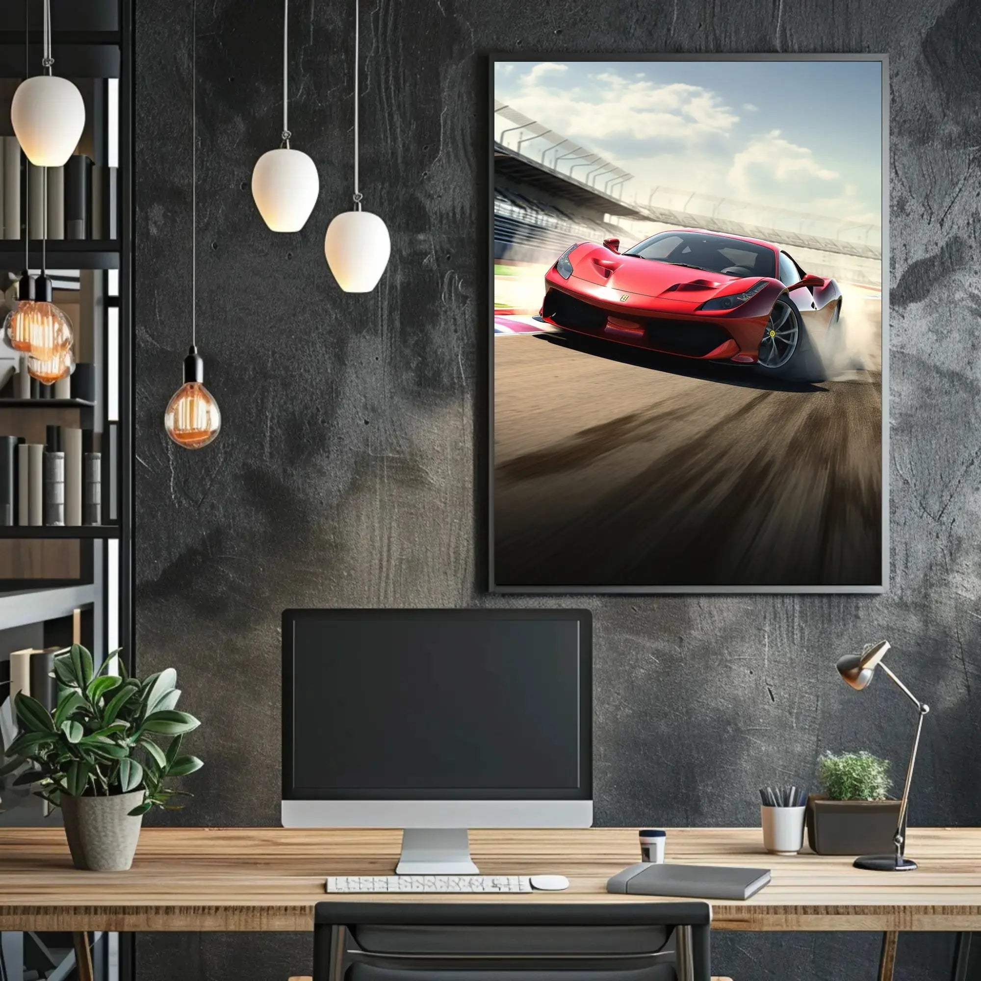 Red Sports Car Speeding on Track Sports Poster PosterGoat
