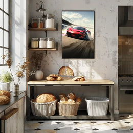 Red Sports Car Speeding on Track Sports Poster PosterGoat