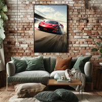 Red Sports Car Speeding on Track Sports Poster PosterGoat