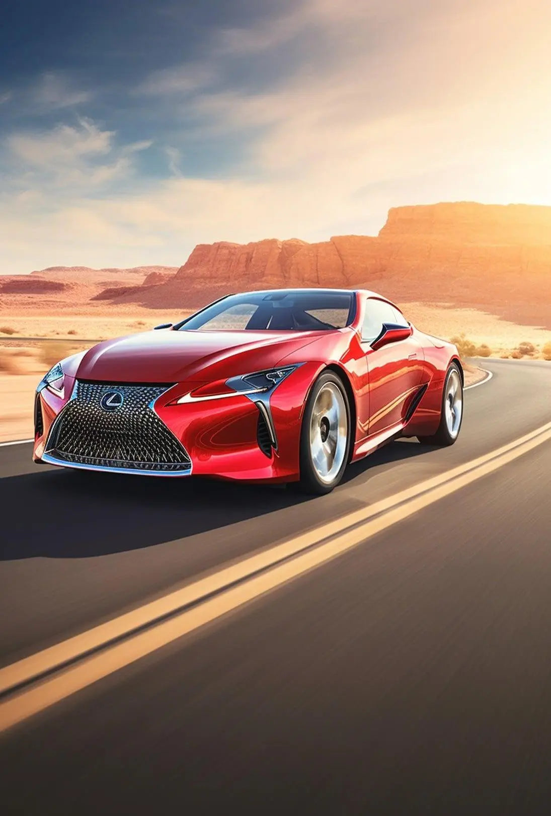Red Sports Car on Desert Highway Adventure Poster PosterGoat