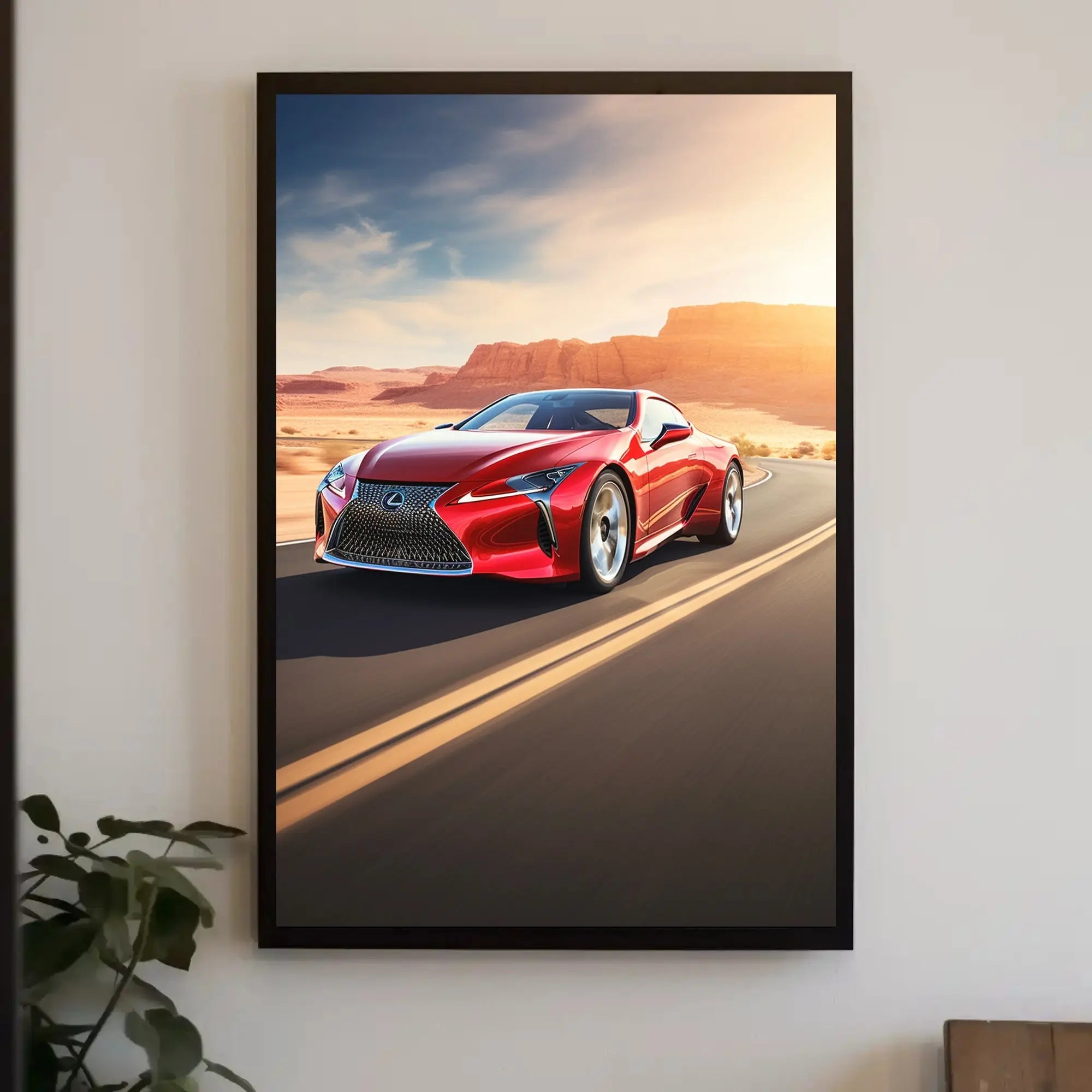Red Sports Car on Desert Highway Adventure Poster PosterGoat