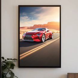 Red Sports Car on Desert Highway Adventure Poster PosterGoat