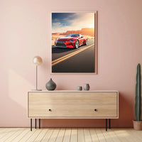 Red Sports Car on Desert Highway Adventure Poster PosterGoat