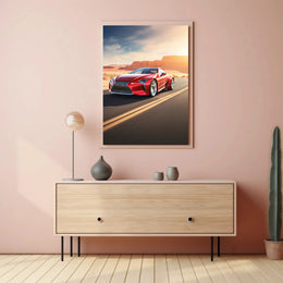 Red Sports Car on Desert Highway Adventure Poster PosterGoat