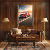 Red Sports Car on Desert Highway Adventure Poster PosterGoat