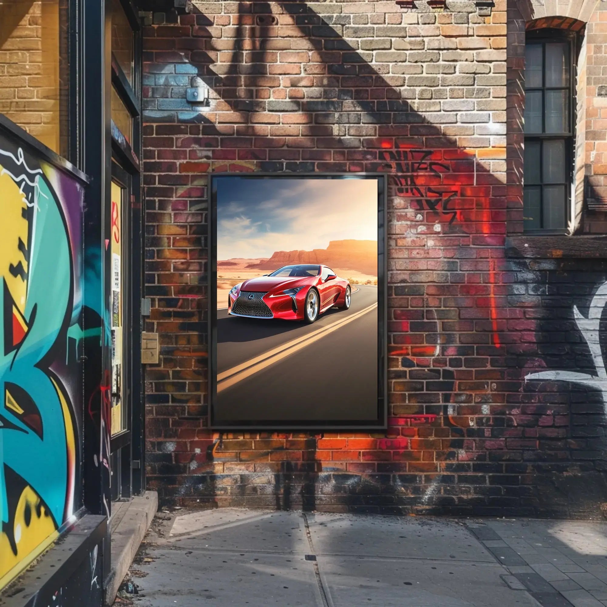 Red Sports Car on Desert Highway Adventure Poster PosterGoat