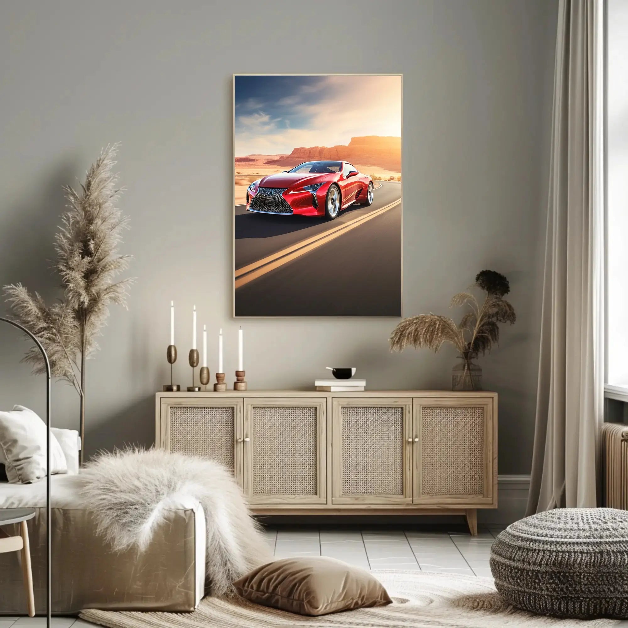 Red Sports Car on Desert Highway Adventure Poster PosterGoat