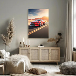 Red Sports Car on Desert Highway Adventure Poster PosterGoat