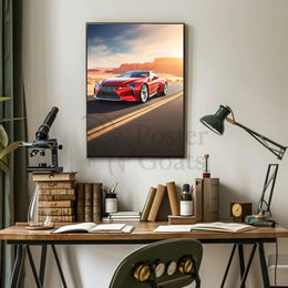 Red Sports Car on Desert Highway Adventure Poster PosterGoat