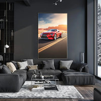 Red Sports Car on Desert Highway Adventure Poster PosterGoat