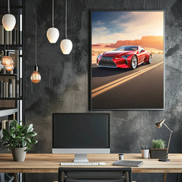 Red Sports Car on Desert Highway Adventure Poster PosterGoat