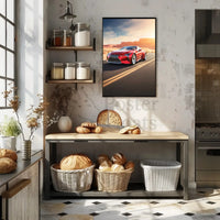 Red Sports Car on Desert Highway Adventure Poster PosterGoat