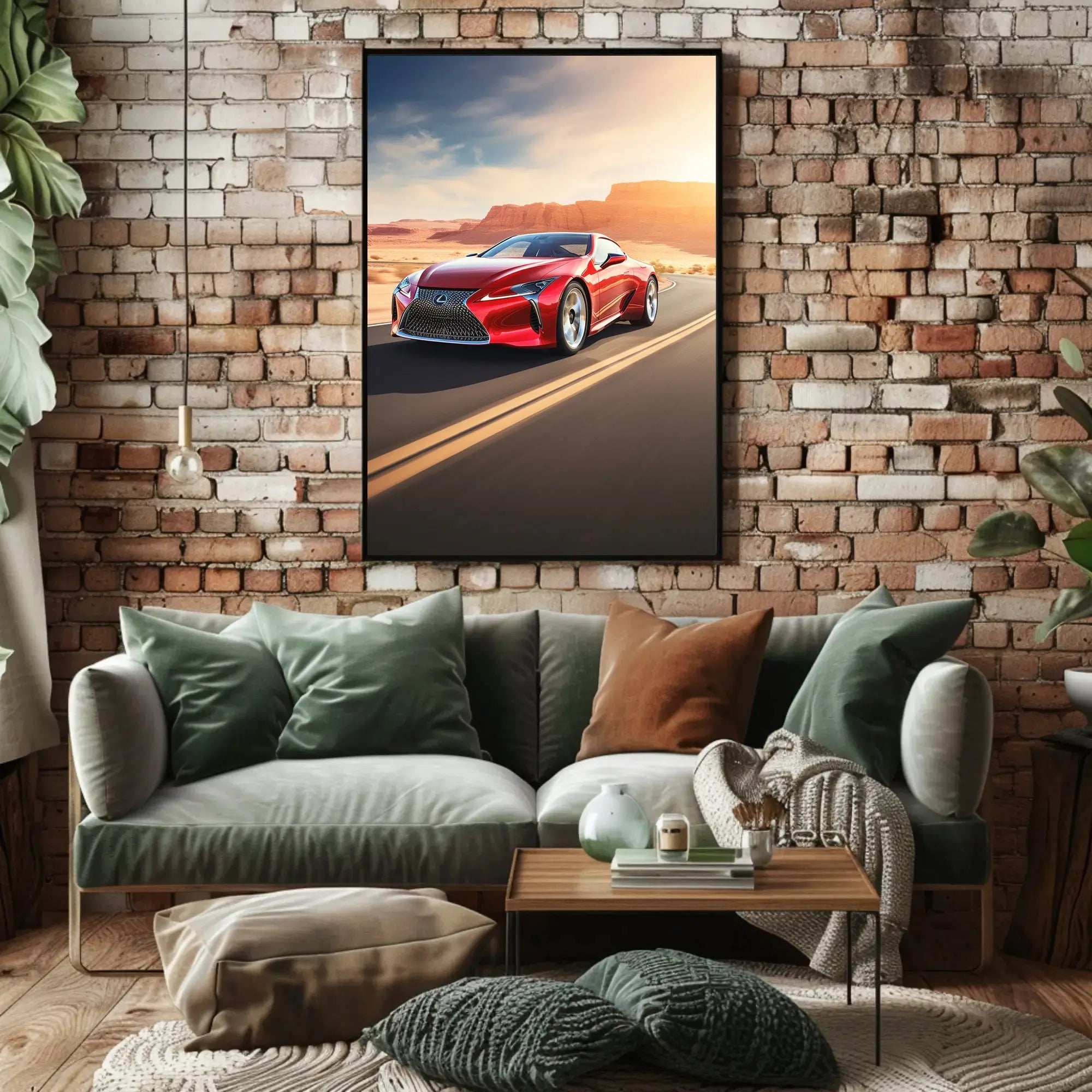 Red Sports Car on Desert Highway Adventure Poster PosterGoat