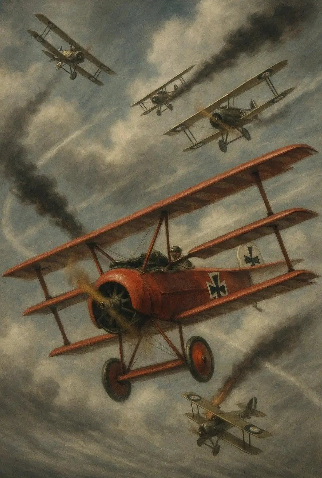 Red Triplane Dogfight Scene Historical or Cultural Poster PosterGoat