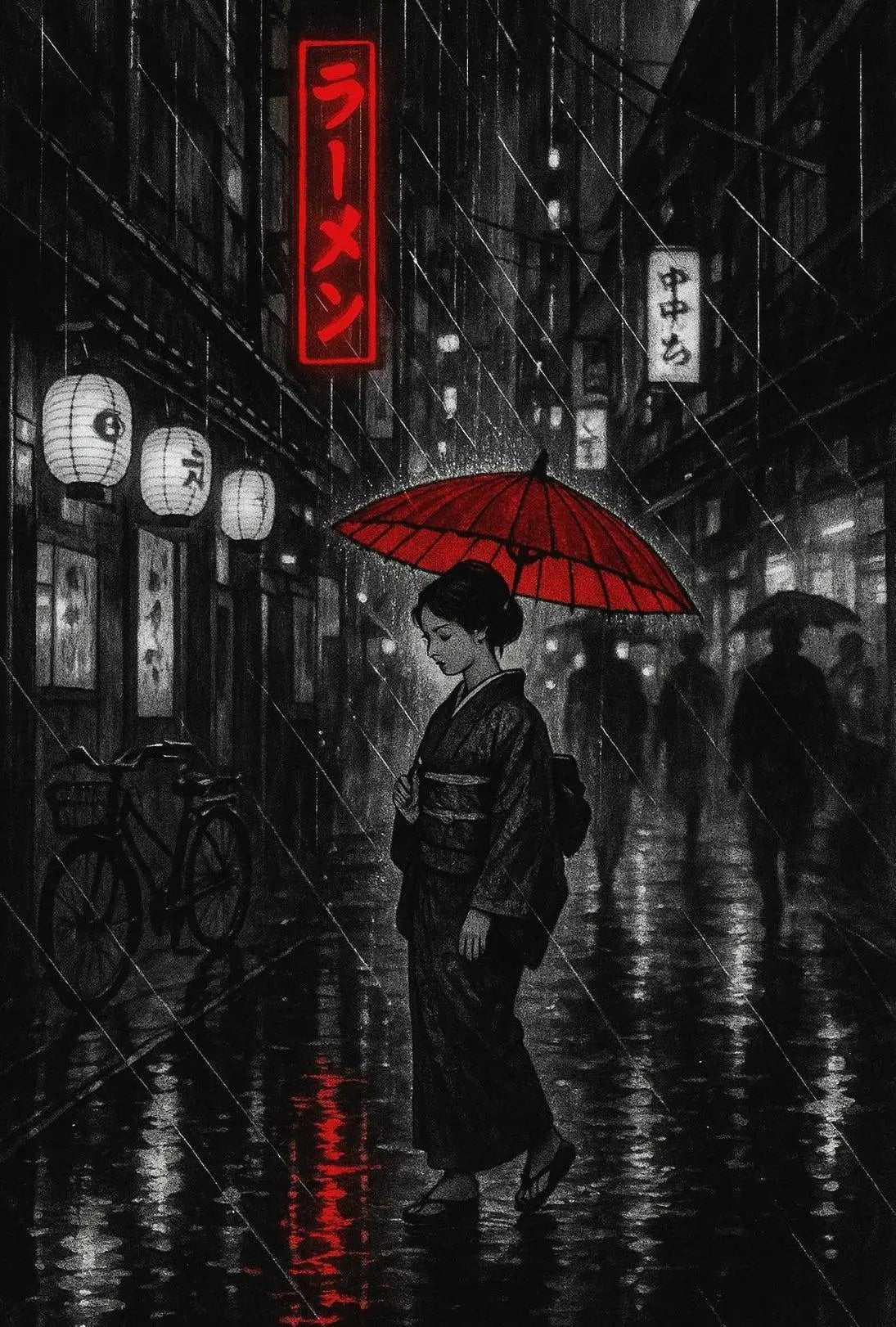 Red Umbrella in Rainy Japanese City Cultural or Heritage Poster PosterGoat
