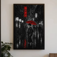 Red Umbrella in Rainy Japanese City Cultural or Heritage Poster PosterGoat