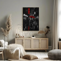 Red Umbrella in Rainy Japanese City Cultural or Heritage Poster PosterGoat