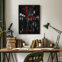 Red Umbrella in Rainy Japanese City Cultural or Heritage Poster PosterGoat