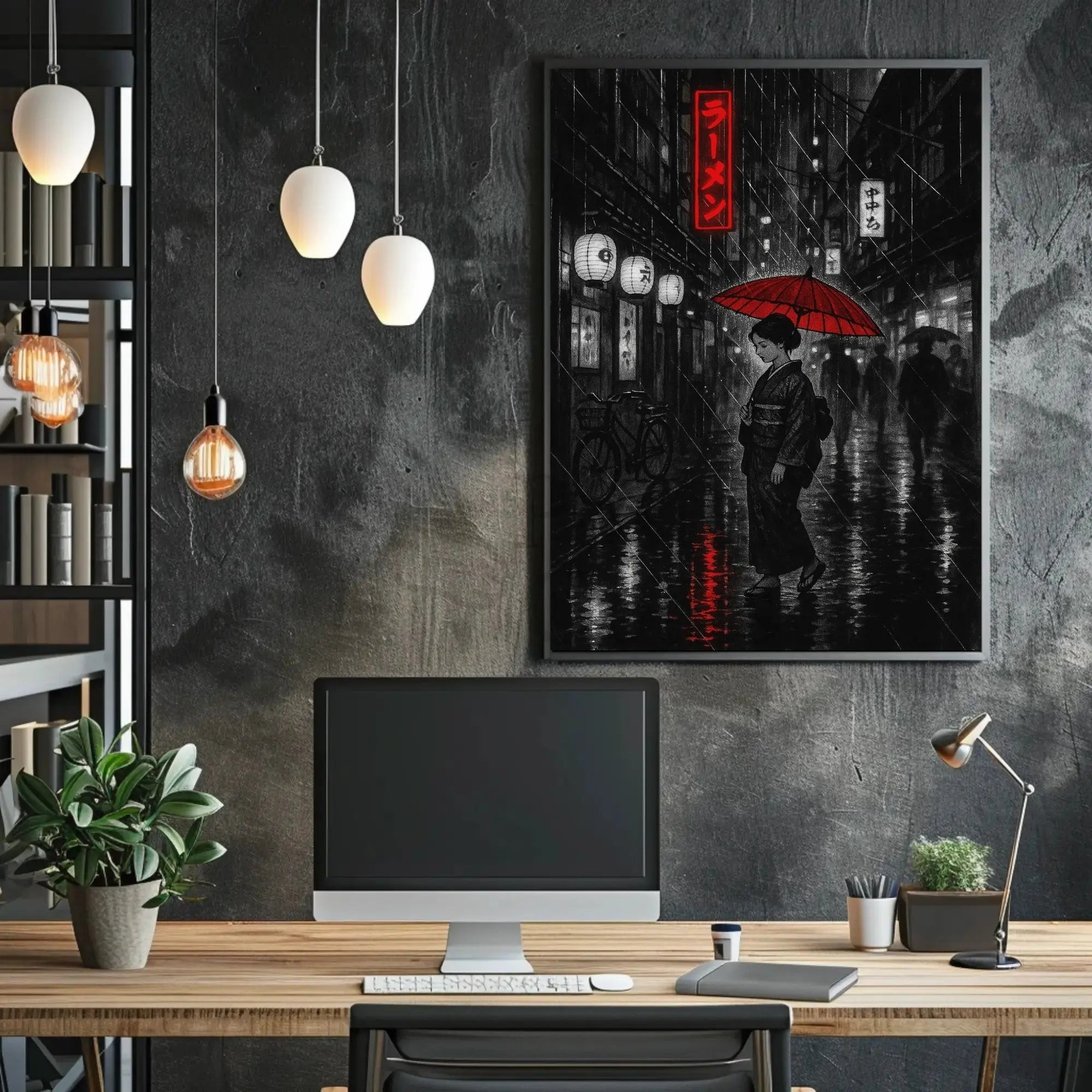 Red Umbrella in Rainy Japanese City Cultural or Heritage Poster PosterGoat