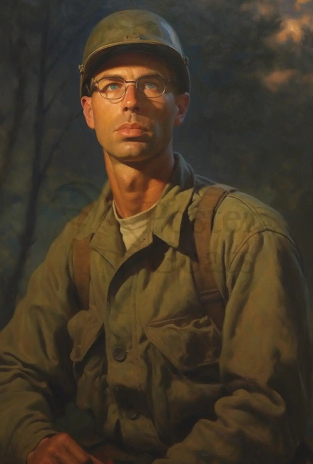 Reflective Soldier in Olive Greens WWII Poster PosterGoat