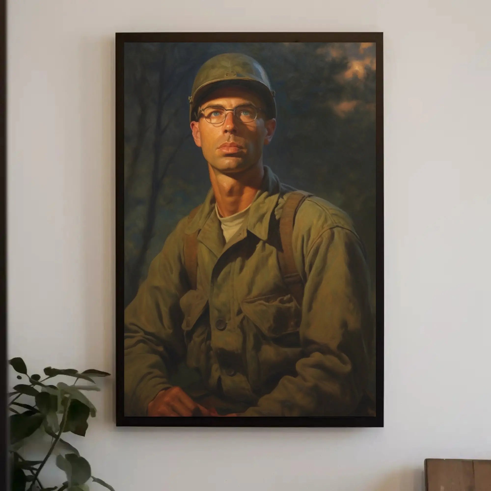 Reflective Soldier in Olive Greens WWII Poster PosterGoat
