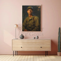 Reflective Soldier in Olive Greens WWII Poster PosterGoat