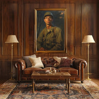 Reflective Soldier in Olive Greens WWII Poster PosterGoat