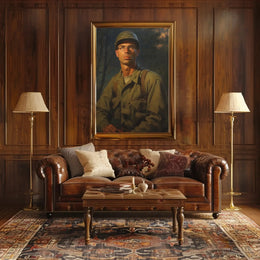 Reflective Soldier in Olive Greens WWII Poster PosterGoat